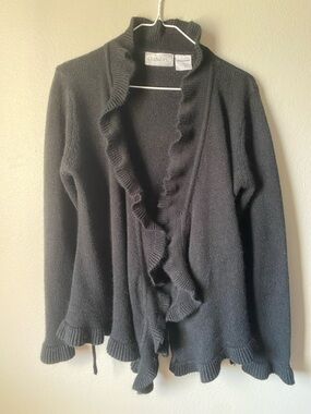 Chadwicks Black Ruffle-Edge Open Knit Cardigan